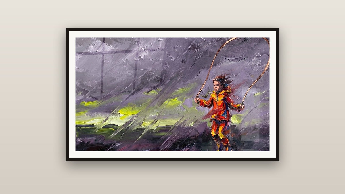 Tableau encadré sur un mur : Enfant Corde à Sauter