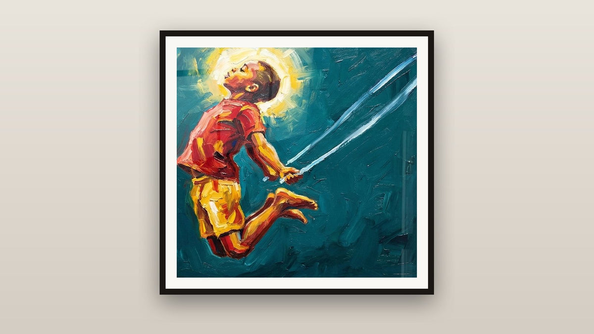 Tableau encadré sur un mur : Enfant Corde à Sauter