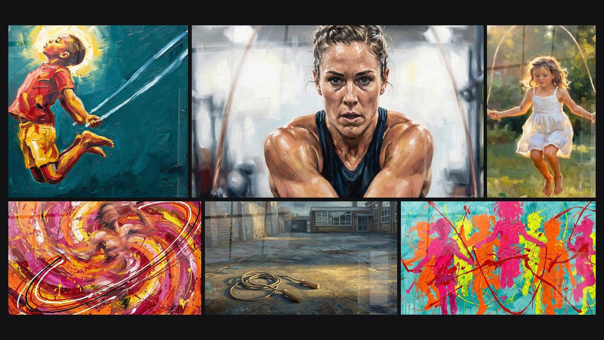 Mosaic of six paintings, including Child Jump Rope, Athletic Woman Fitness and Abstract Movement