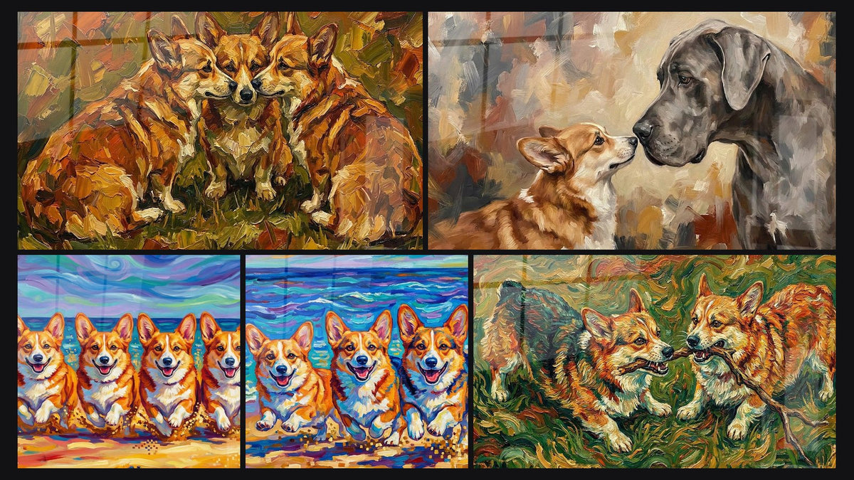 Mosaico di cinque quadri, tra cui Trio di Corgis Seduti ai Toni Autunnali e Quattro Corgis che Corrono sulla Spiaggia