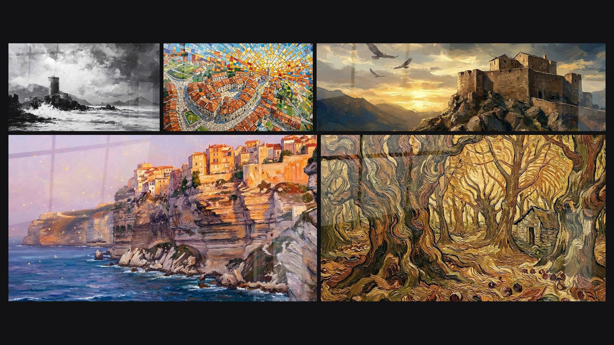 Mosaico di cinque quadri, tra cui Tour Quadro Génoise Marittima, Villaggio Quadro Corsica Mosaico e Falesie di Bonifacio