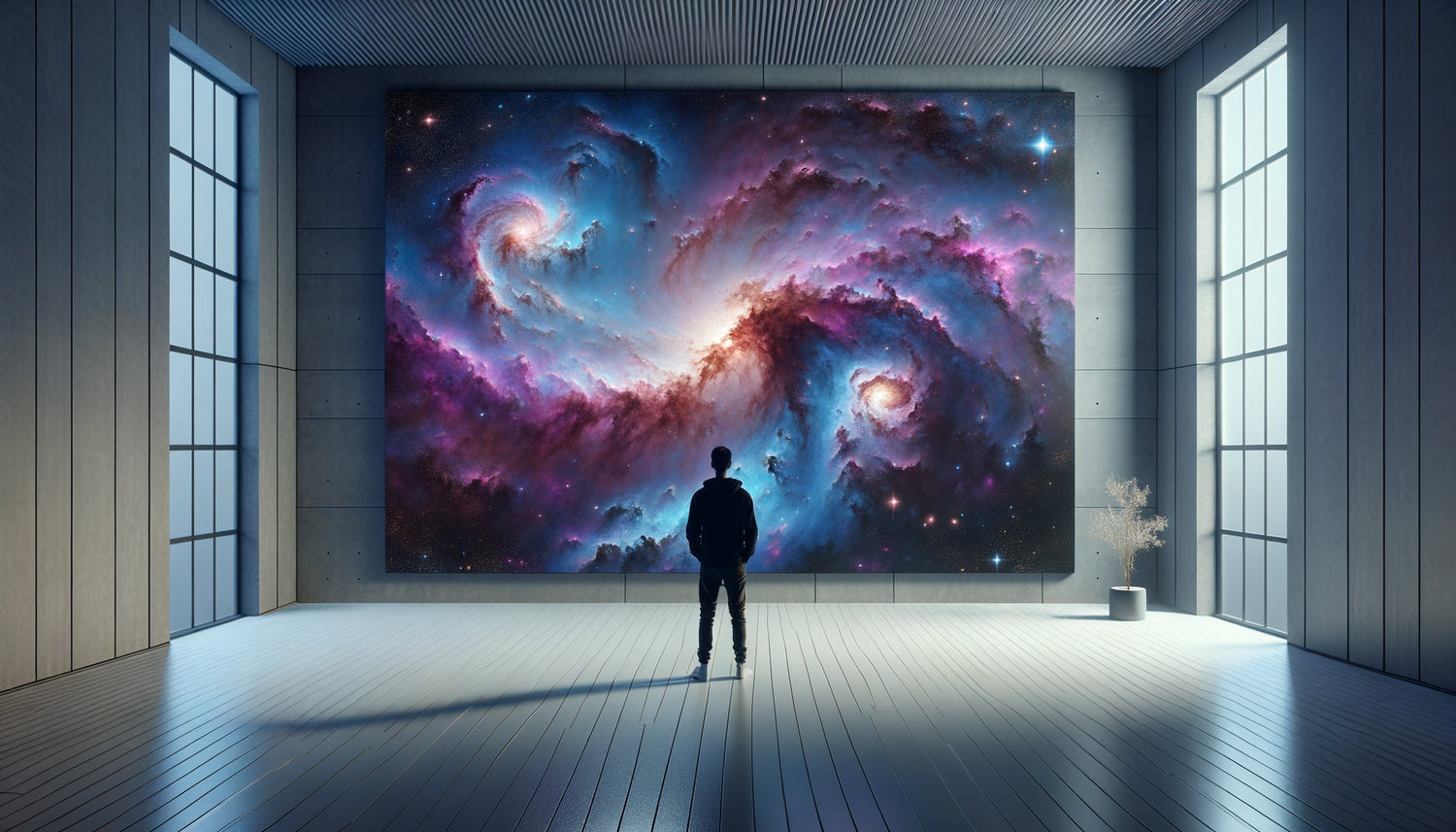 Personne contemplant un grand tableau cosmique représentant une nébula dans un espace moderne minimaliste propice à la réflexion