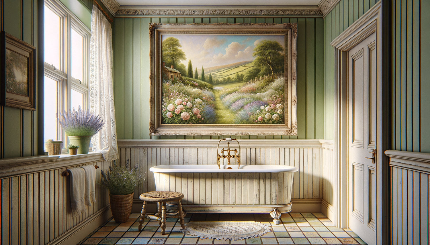 Salle de bain style cottage anglais avec tableau floral champêtre, ambiance cosy et rustique, tons pastel apaisants
