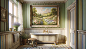Salle de bain style cottage anglais avec tableau floral champêtre, ambiance cosy et rustique, tons pastel apaisants