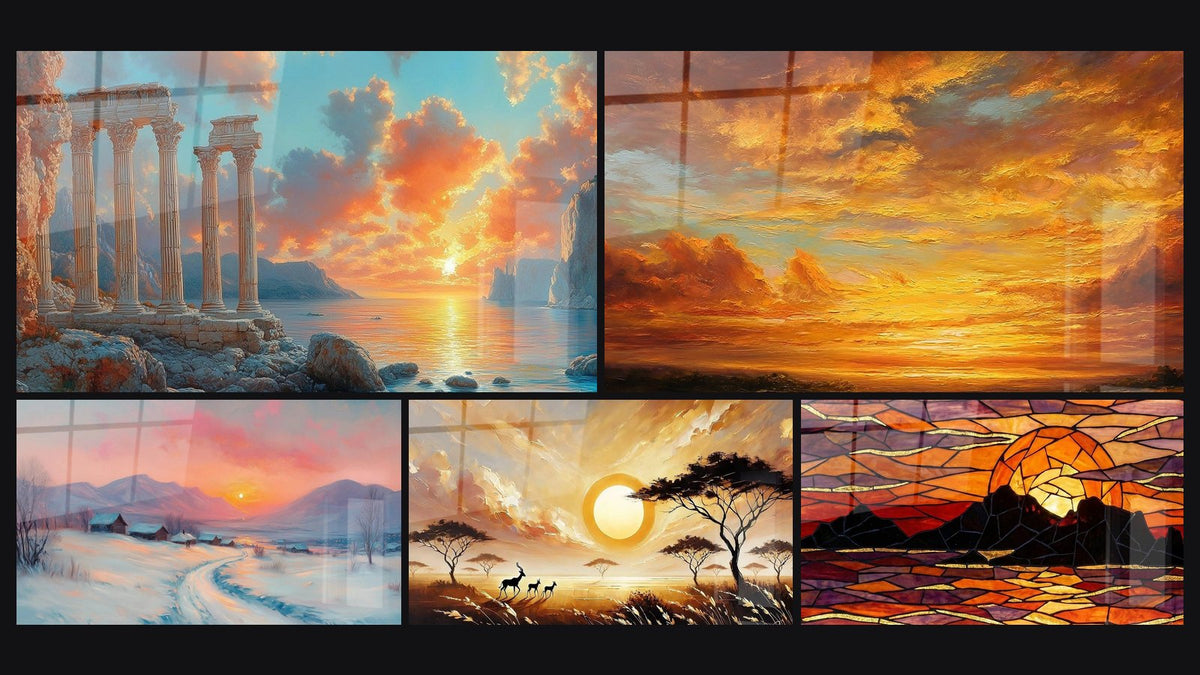 Mosaico di cinque quadri, tra cui Solstizio Invernale, Orizzonte d'Ocra e Tramonto