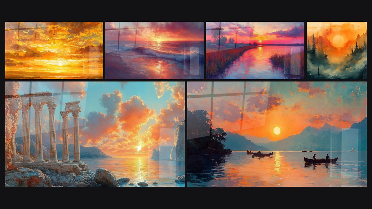 Mosaïque de six tableaux, dont Coucher de soleil océanique, Écume Flamboyante et Helios
