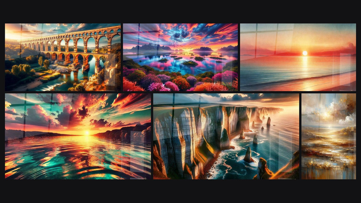 Mosaïque de six tableaux, dont Coucher de Soleil sur l'Aqueduc, Coucher de Soleil sur l'Archipel Floral et Murmures du Soleil