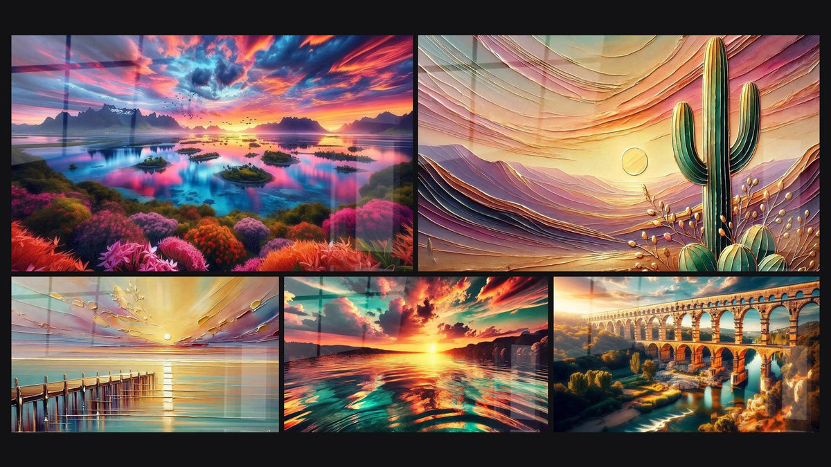 Mosaic of five paintings, including Sunset Over the Floral Archipelago, Desert Twilight and Evening Glow