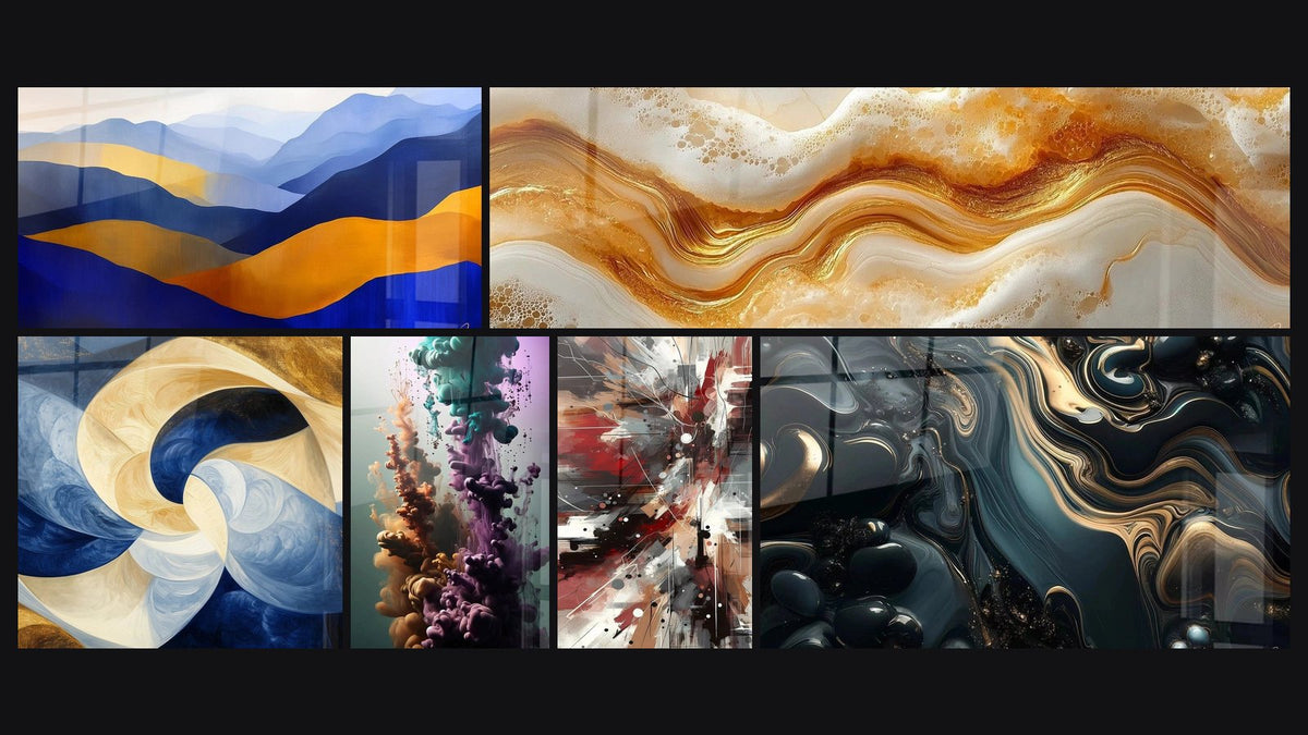 Mosaico di sei quadri, tra cui Creste Vaporose Zaffiro, Respiro Divino Bianco e Balletto Acquatico delle Sfumature