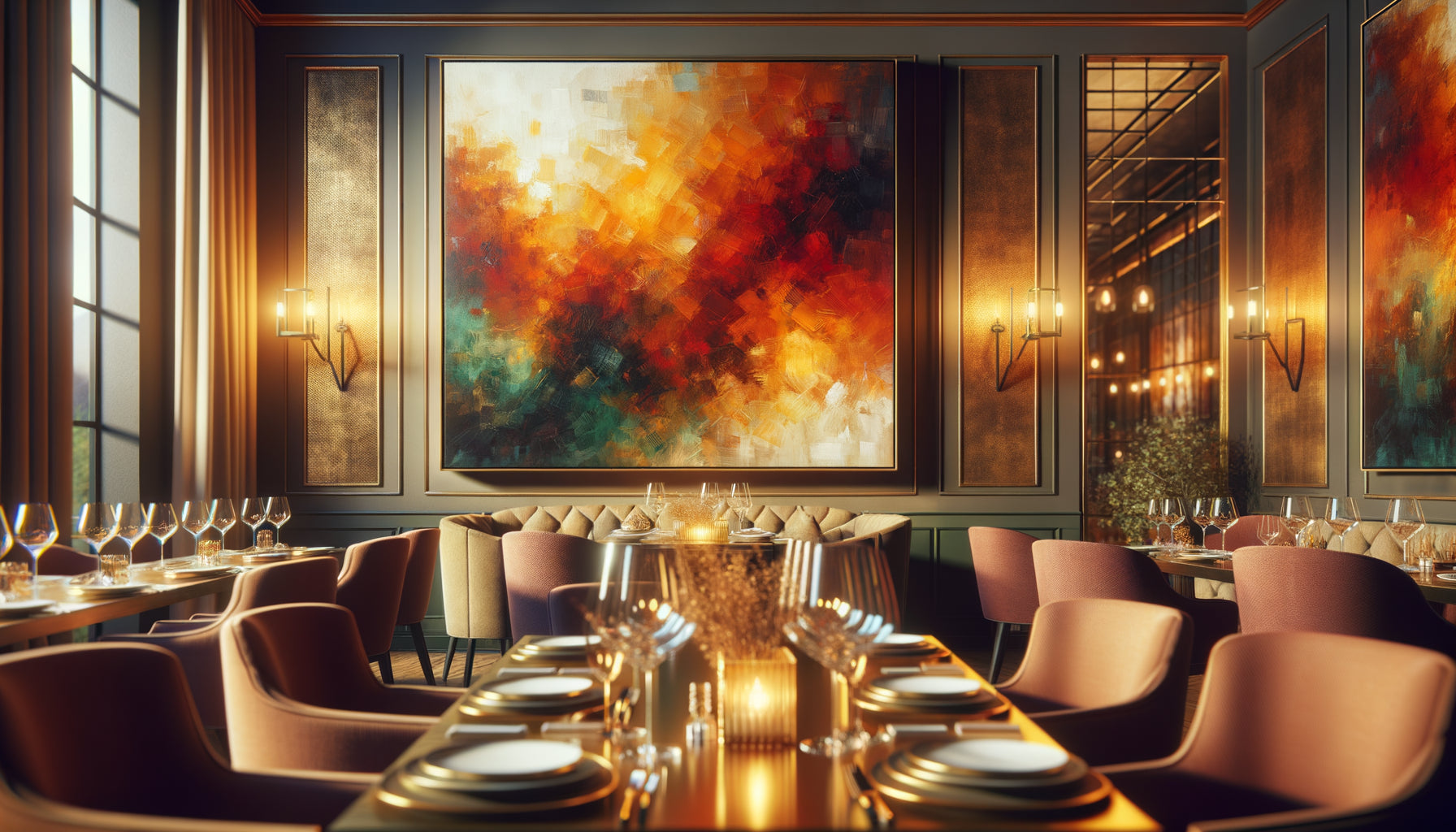 Tableau aux couleurs chaudes orange et rouge accroché sur mur de restaurant avec table élégante au premier plan
