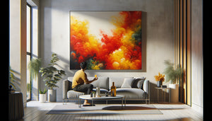 Tableau abstrait aux couleurs chaudes rouge, orange et jaune vif dans un salon contemporain, illustrant les teintes stimulant l'appétit