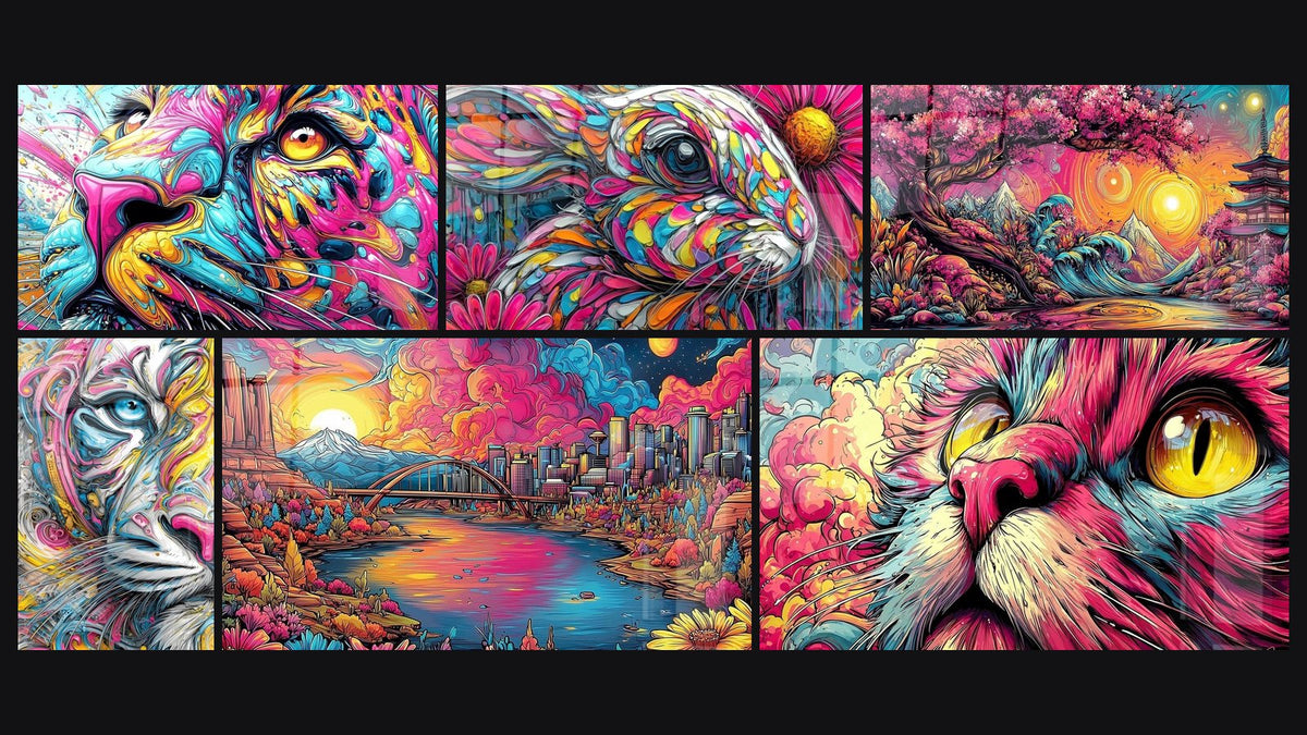 Mosaïque de six tableaux, dont Lionne Psychédélique, Tigre abstrait et Paysage urbain fantastique