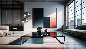 Intérieur contemporain avec mobilier en verre et métal associé à tableaux monochromes profonds et couleurs vives