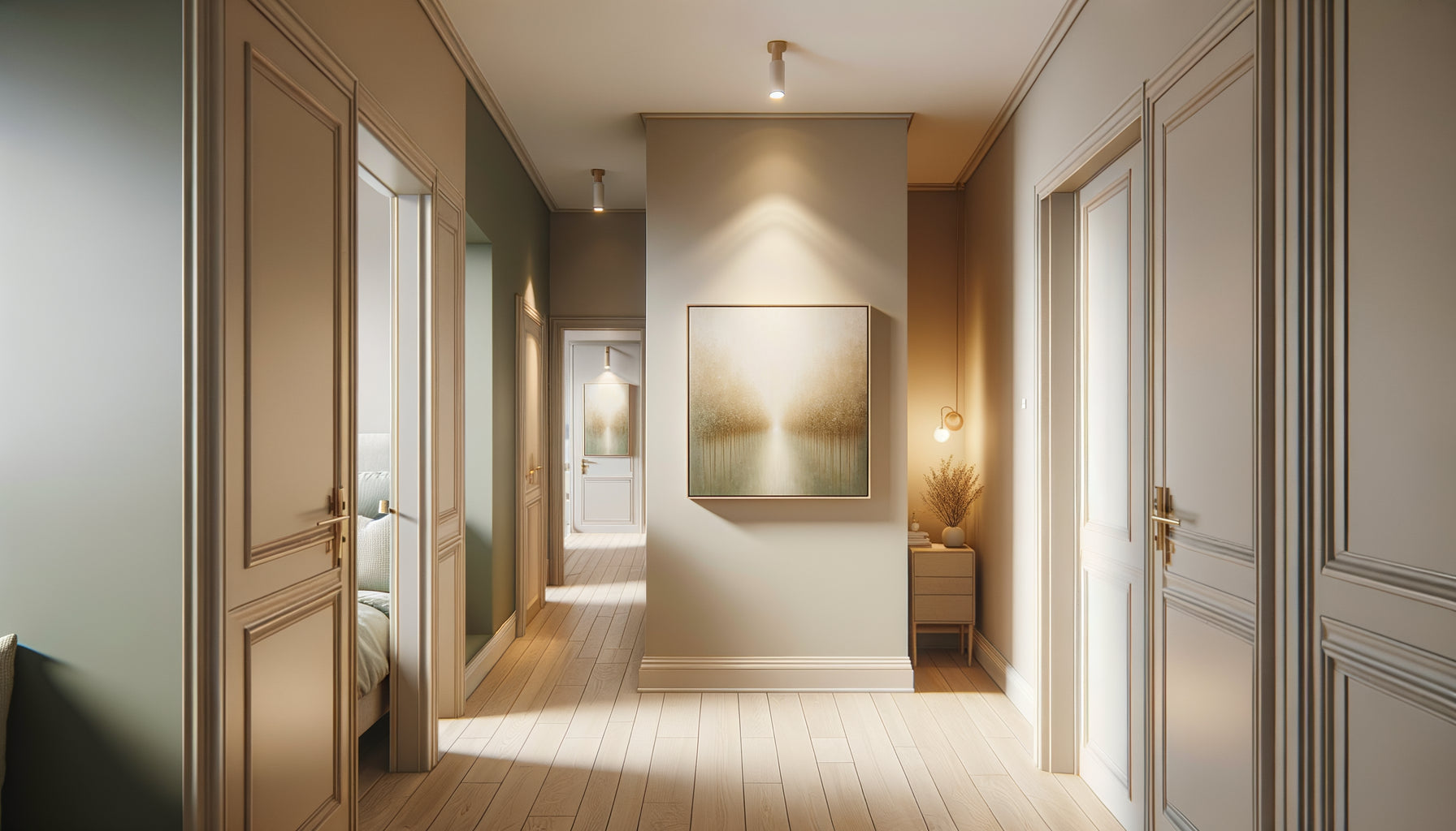 Couloir résidentiel apaisant avec tableau aux tons naturels accroché entre portes de chambres