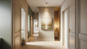 Couloir résidentiel apaisant avec tableau aux tons naturels accroché entre portes de chambres