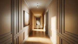 Couloir étroit moderne avec tableau de taille appropriée suspendu au mur, démonstration de proportions idéales pour espace restreint