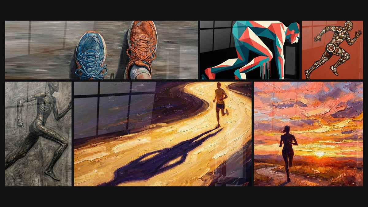 Mosaik aus sechs Gemälden, darunter Laufschuhe, Anatomisches Laufer-Kunstwerk und Einsamer Läufer