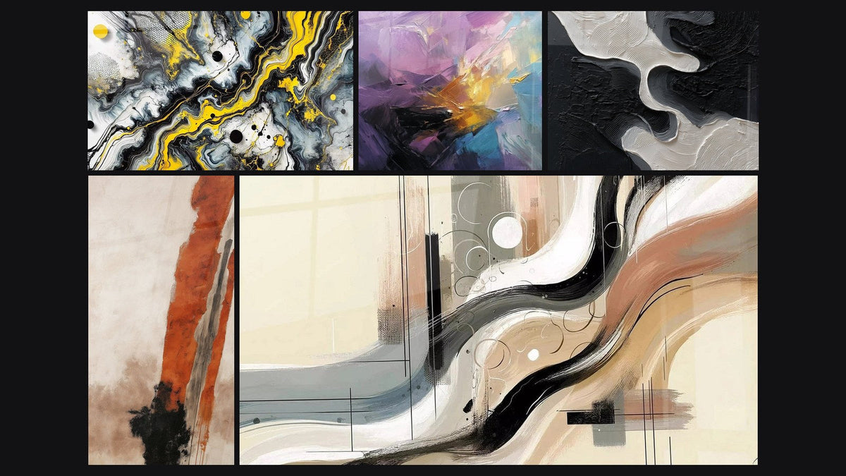 Mosaïque de cinq tableaux, dont Impact Noir, Explosion colorée abstraite et Sillage Abstrait