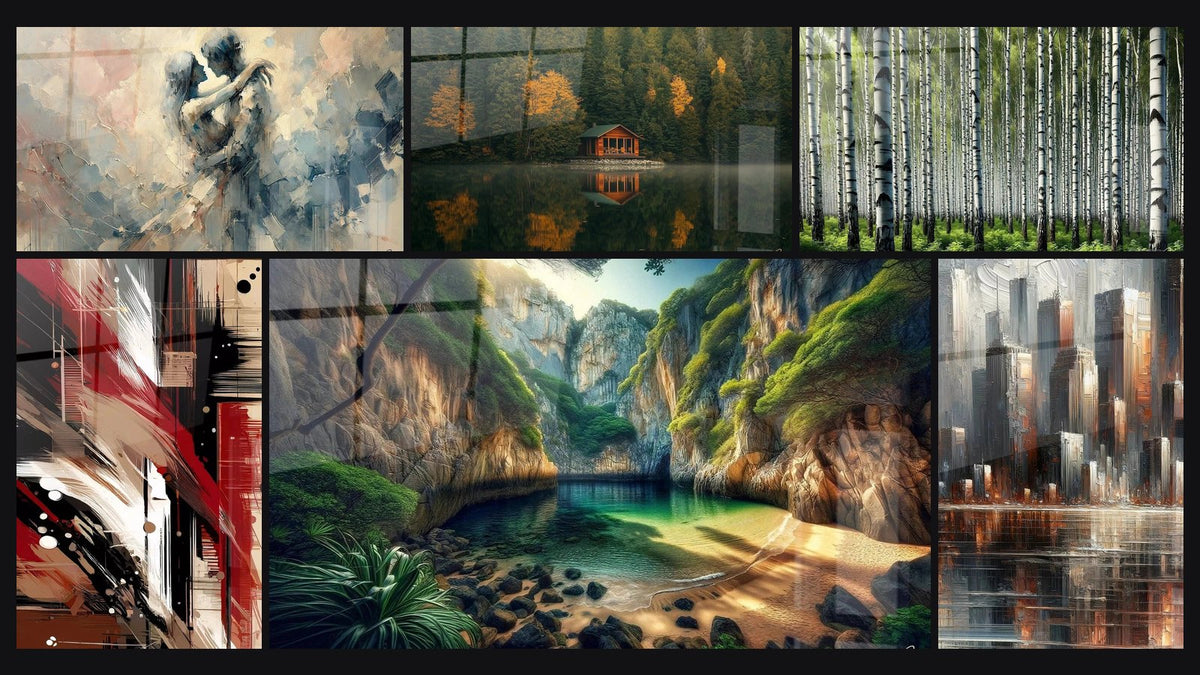 Mosaïque de six tableaux, dont Entre Nous, Cabane N°1 et Désordre Structuré