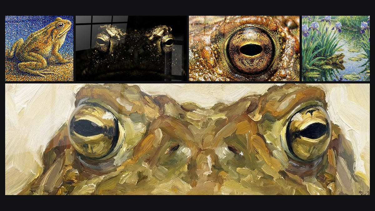 Mosaïque de cinq tableaux, dont Crapaud Mosaïque Dorée aux Reflets Orangés et Regard Doré et Brun Émergeant