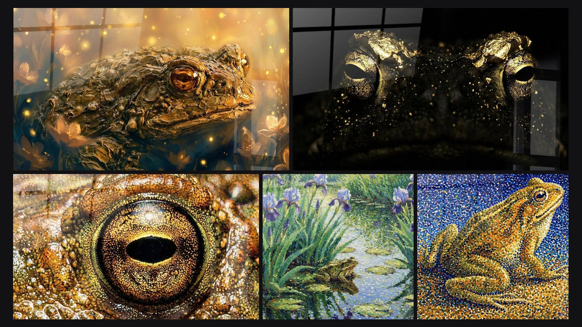 Mosaïque de cinq tableaux, dont Crapaud Mosaïque Dorée aux Reflets Orangés