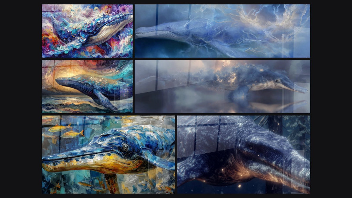 Mosaic of six paintings, including Colorful Whale, Cosmic Whale and Basilosaurus Whale