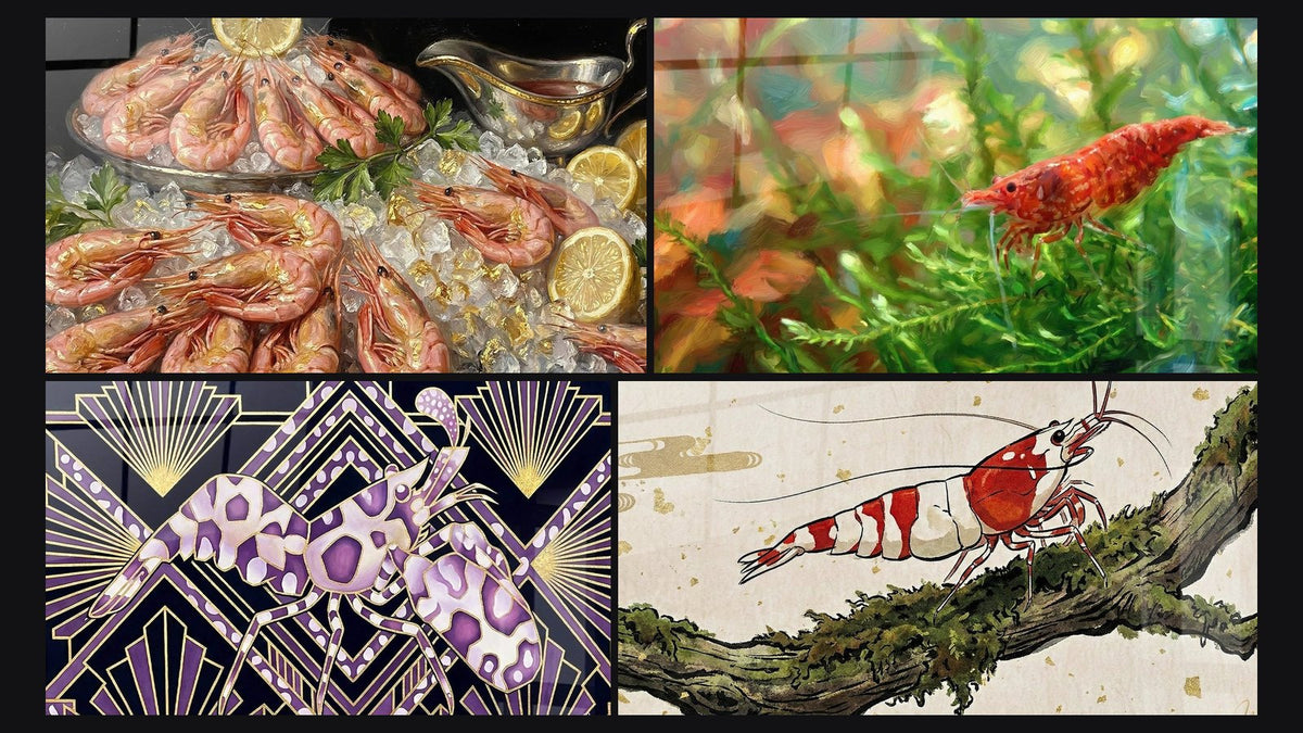Mosaico de cuatro cuadros, entre ellos Gamba Art Deco Morado y Oro y Gamba Roja sobre Fondo Acuático Vegetal