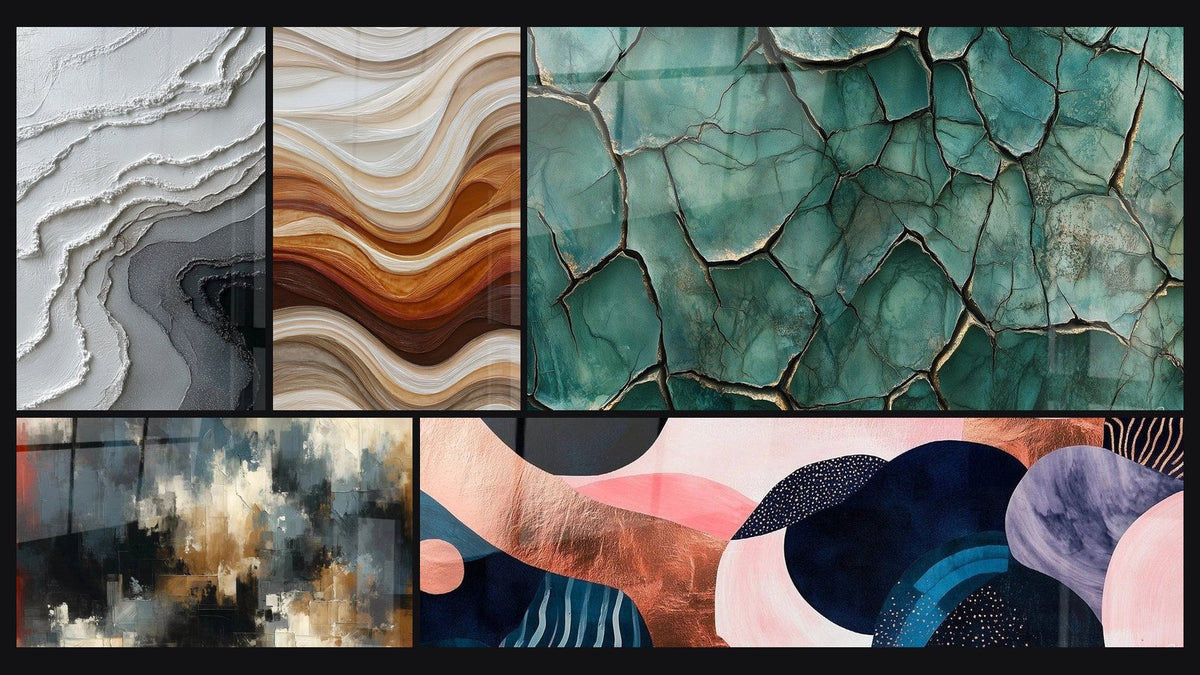Mosaïque de cinq tableaux, dont Ondulations Fluides Terre et Cuivre, Terre Fracturée et Chaos Organisé
