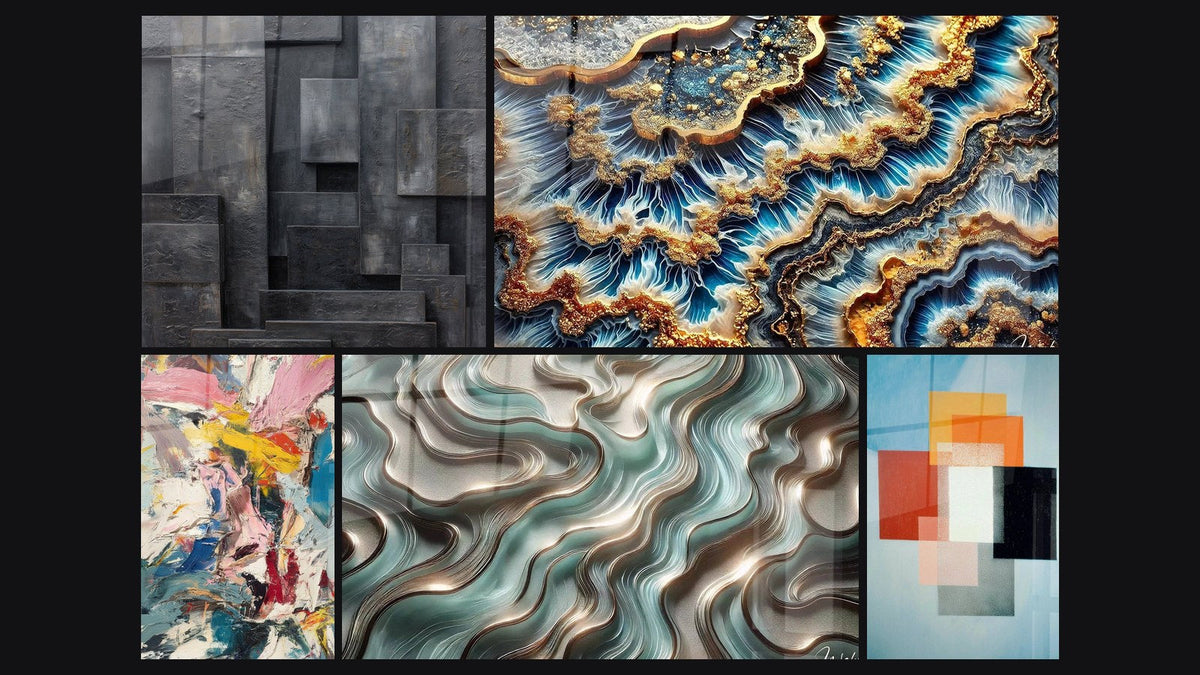 Mosaico de cinco cuadros, entre ellos Explosión de colores, Curvas Etéreas y Formas Geométricas Contraste Funcional