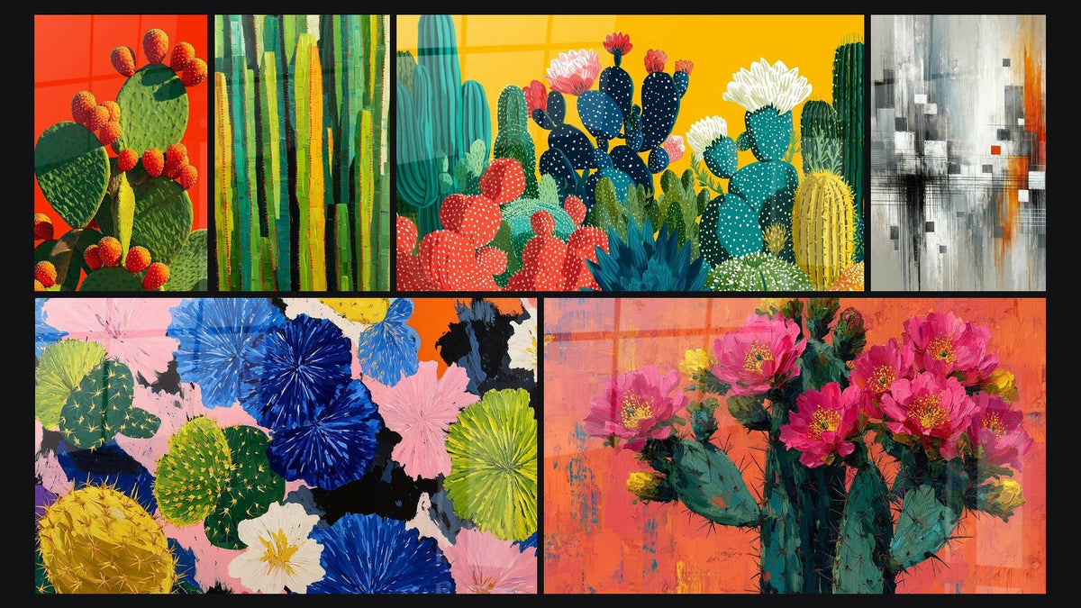 Mosaïque de six tableaux, dont Cactus Multicolores sur Fond Orangé et Cactus et Fleurs Tropicales Multicolores