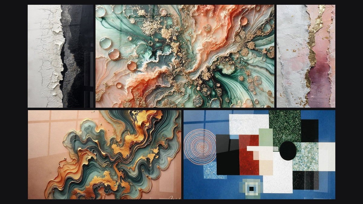 Mosaico de cinco cuadros, entre ellos Textura Agrietada Blanco y Negro, Sueño Coralino y Ola de Cobre