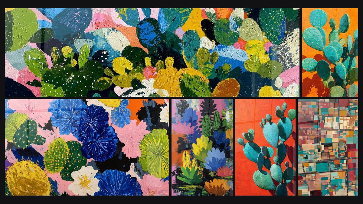 Mosaïque de six tableaux, dont Cactus Colorés Abstraits et Cactus et Fleurs Tropicales Multicolores