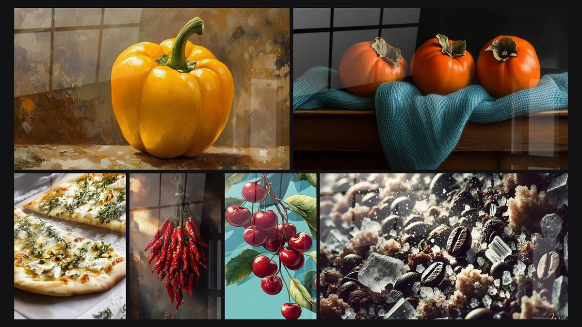 Mosaik aus sechs Gemälden, darunter Paprika-Wandbild Nr. 1, Khaki-Bild Nr. 1 und Kirsch-Bild Nr. 1