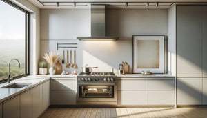 Tableau encadré positionné à distance sécuritaire d'une cuisinière moderne dans une cuisine contemporaine