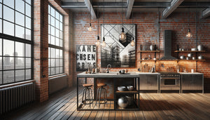 Cuisine industrielle avec mur de briques apparentes ornée de tableaux art abstrait, typographie vintage et photographie urbaine noir et blanc