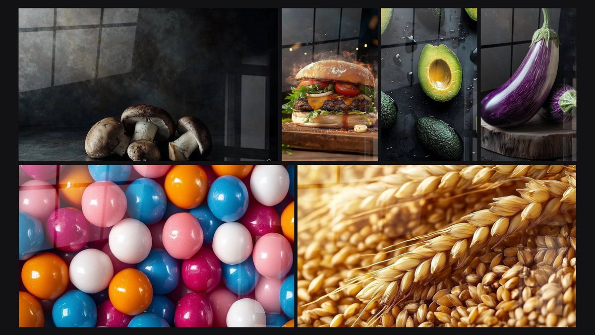Mosaïque de six tableaux, dont Champignon N°1, Burger N°1 et Bonbon N°3