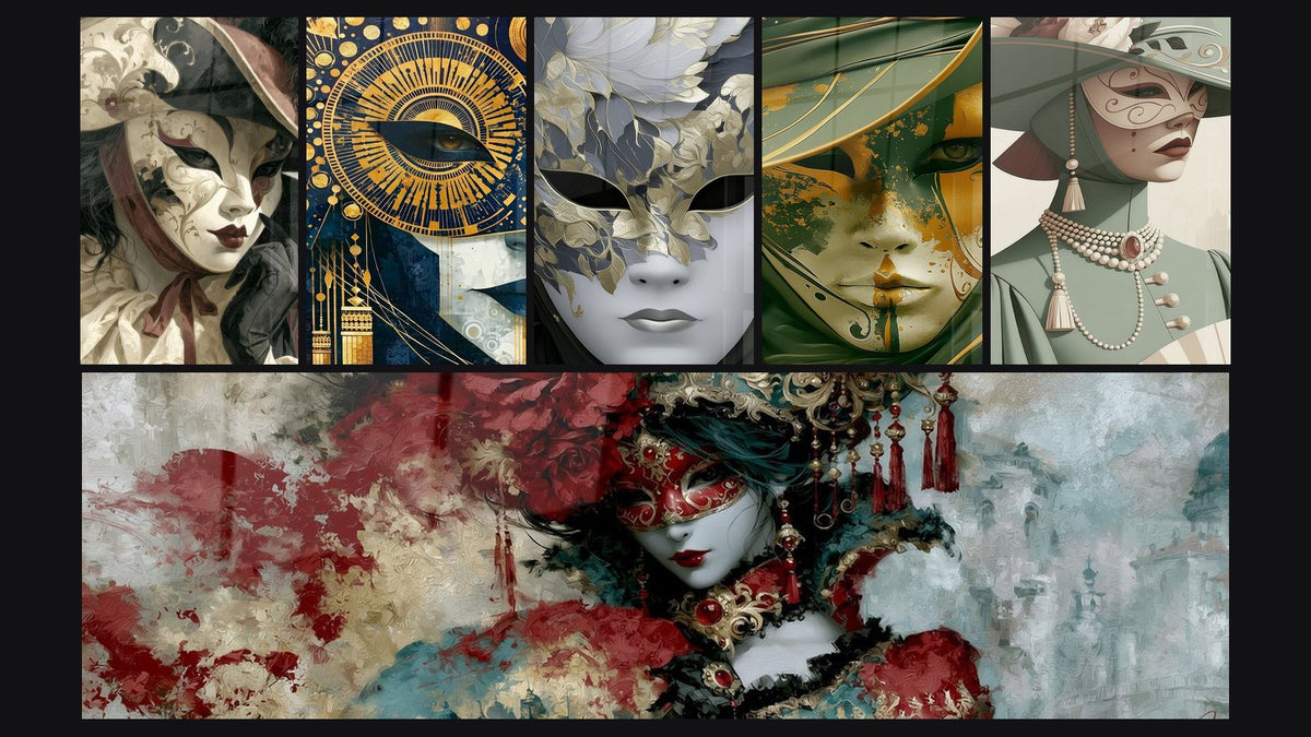 Mosaico de seis cuadros, entre ellos Máscara marfil y burdeos con cinta anudada y Mujer Enmascarada Verde Salvia y Perlas