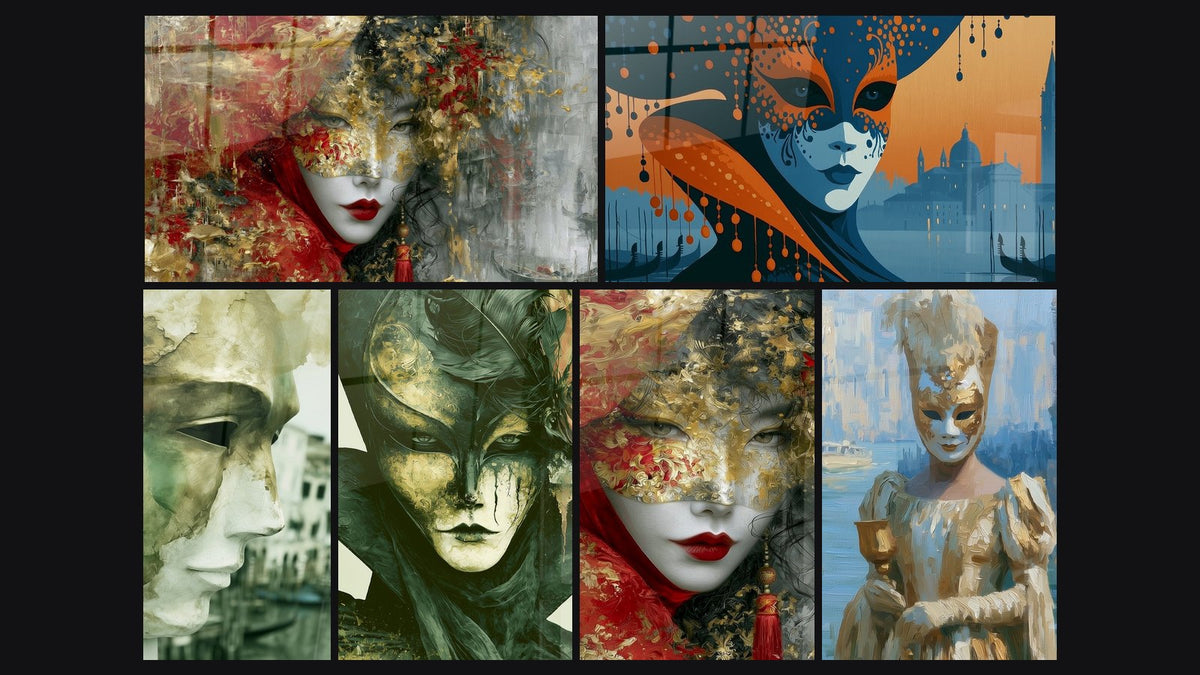 Mosaïque de six tableaux, dont Visage rouge et doré au pompon suspendu et Masque doré et bleu tenant une coupe