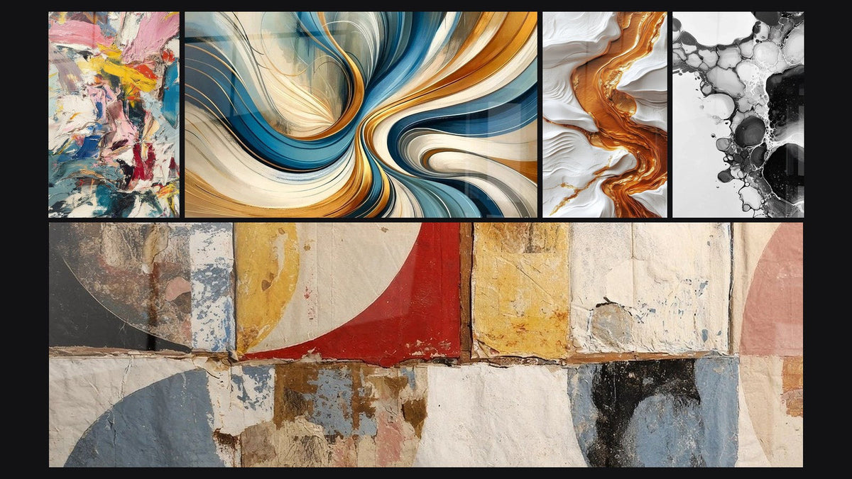 Mosaïque de cinq tableaux, dont Explosion de couleurs, Spirales Élégantes et Formes géométriques abstraites
