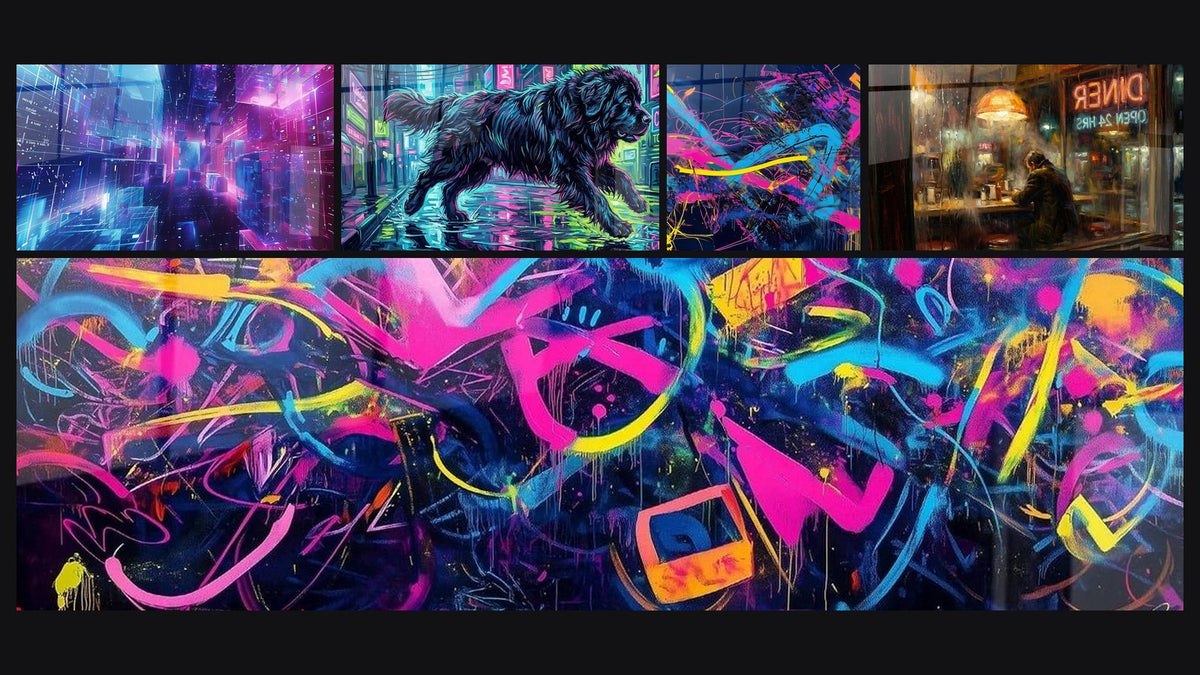 Mosaico de cinco cuadros, entre ellos Ciudad cyberpunk futurista