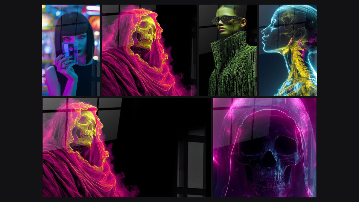 Mosaic of six paintings, including Brown Woman Cassette Pink and Blue and Pink and Yellow Neon Hooded Skeleton