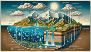 Illustration scientifique pédagogique détaillée du cycle de l'eau montrant évaporation, précipitations et infiltration en coupe transversale