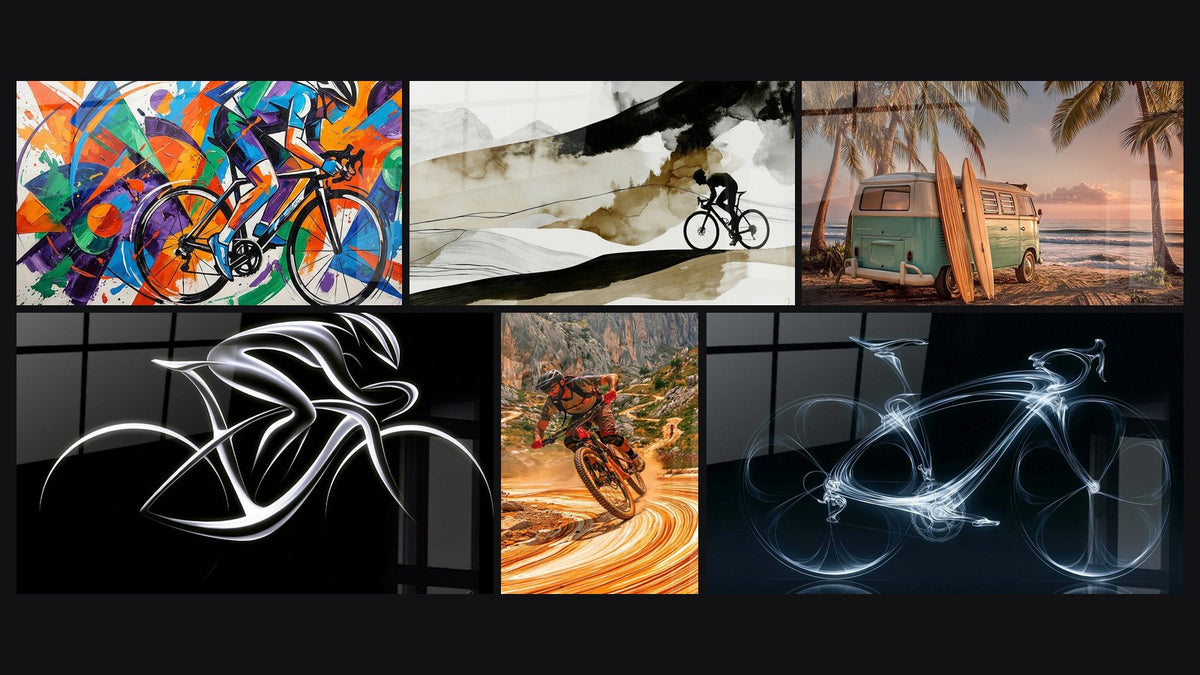 Mosaico di sei quadri, tra cui Da ciclismo astratto e Ciclista argento su fondo nero profondo