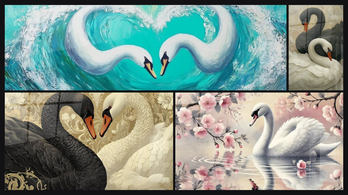 Mosaïque de quatre tableaux, dont Cygne Grâce infinie, Cygnes et Cygnes Art Déco