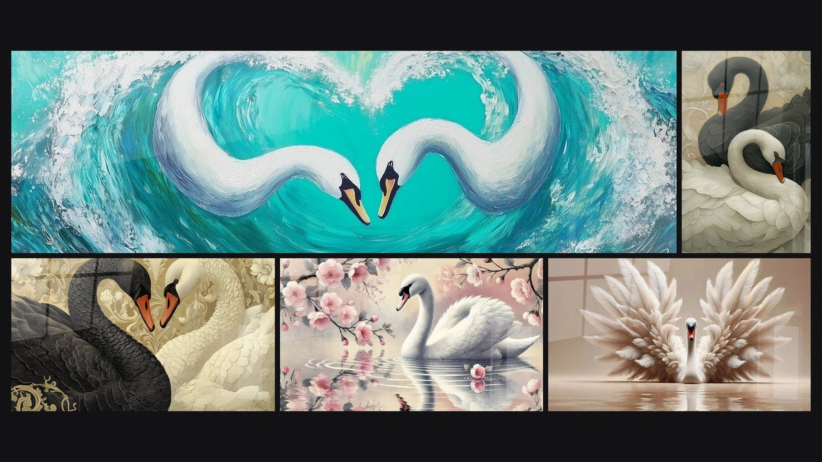 Mosaico de cinco cuadros, entre ellos Cisne Gracia Infinita, Cisnes y Cisnes Art Decó