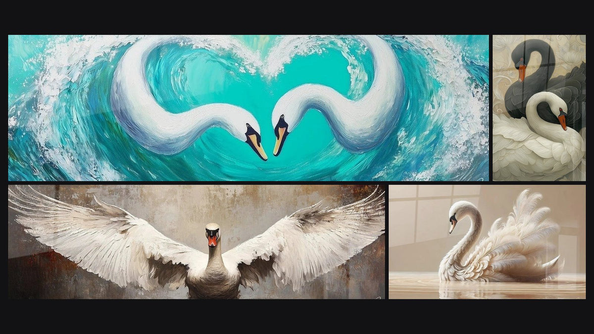 Mosaïque de quatre tableaux, dont Cygne Grâce infinie, Cygnes et Cygne Gardien des eaux