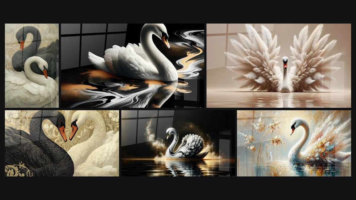 Mosaïque de six tableaux, dont Cygnes, Cygnes Art Déco et Cygne et Poussière d'Étoiles