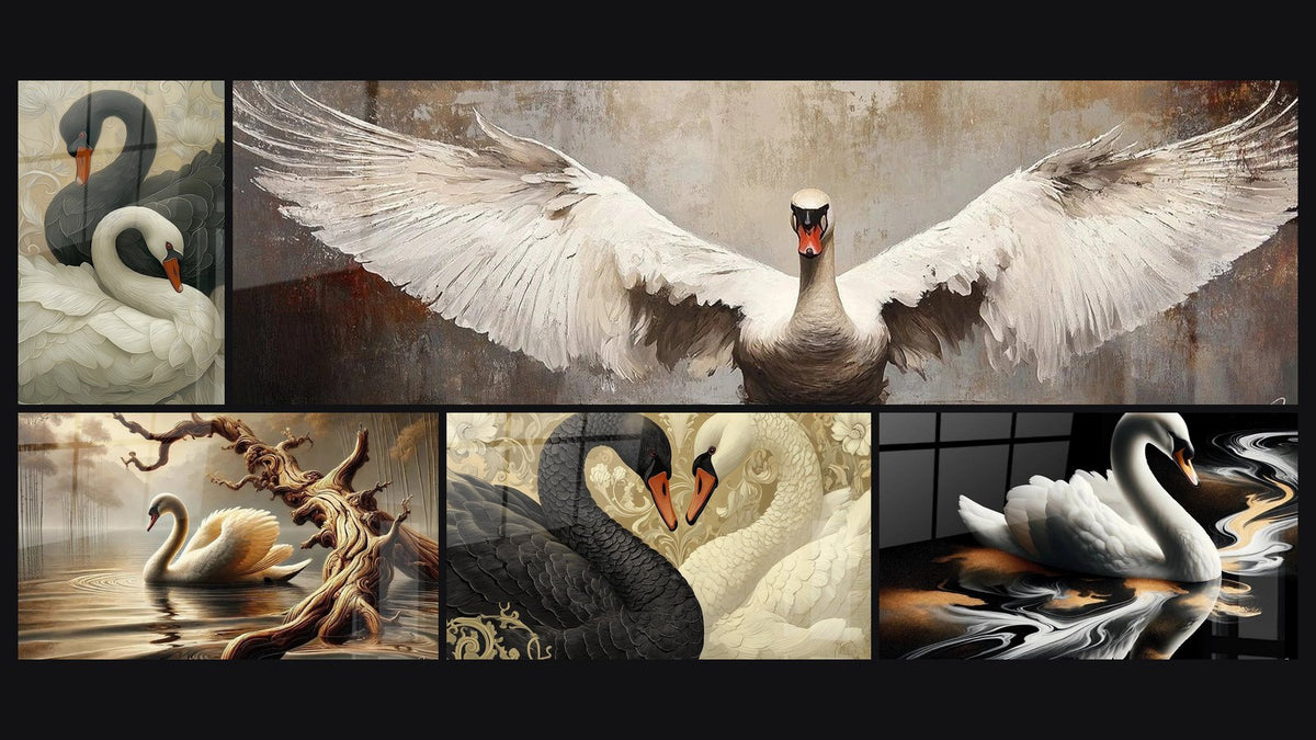 Mosaïque de cinq tableaux, dont Cygnes, Élégance du Lac et Cygne Gardien des eaux