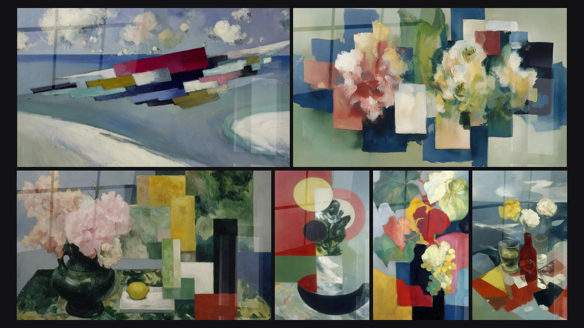 Mosaico di sei quadri, tra cui Astratta blocchi sospesi evasione e Natura morta fiori-cubi-anarchia