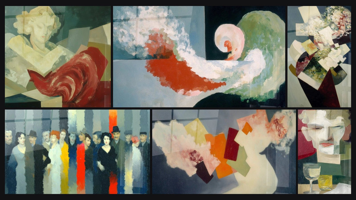 Mosaïque de six tableaux, dont Femme Mots dissolus, Formes Accident Volontaire et Bouquet hasard contrôlé